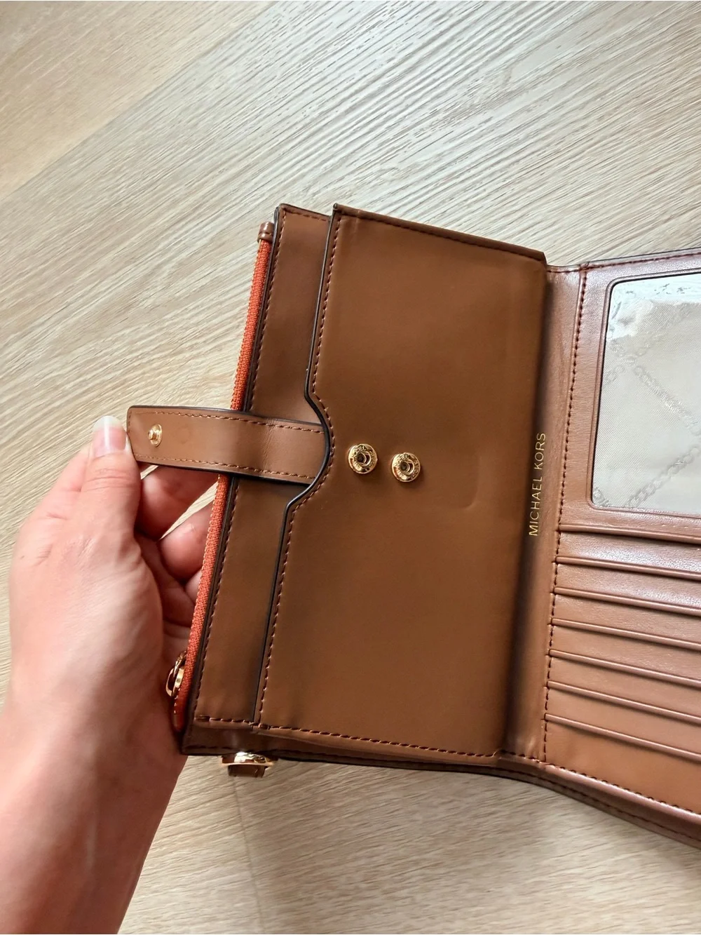 NWOT Michael Kors Adele Double Zip Smartphone Wallet Logo Stripe Red Brown